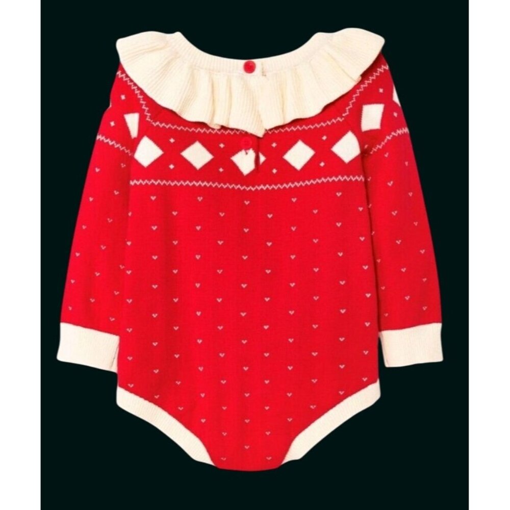 Baby Girls Christmas Romper Bodysuit With Ruffled Collar Red & White  78